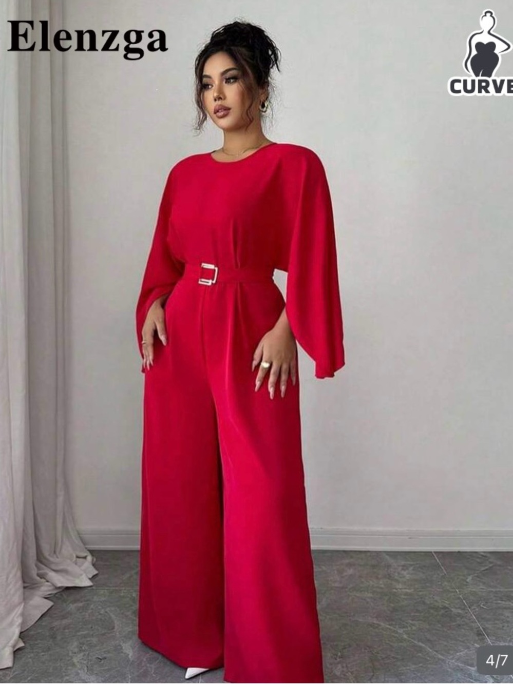 SHEIN Red Belted Wide-Leg Jumpsuit with Draped Sleeves